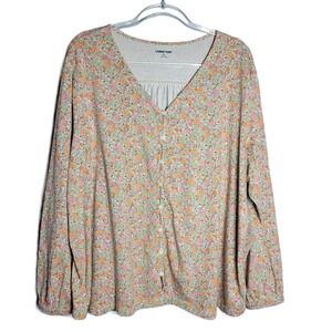 Lands End Womens 2X Floral Print Button Front Long Sleeve V Neck Casual Top